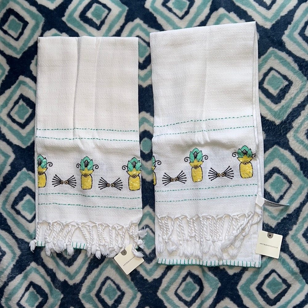 Anthropologie White Dishtowels with Rope Tassels